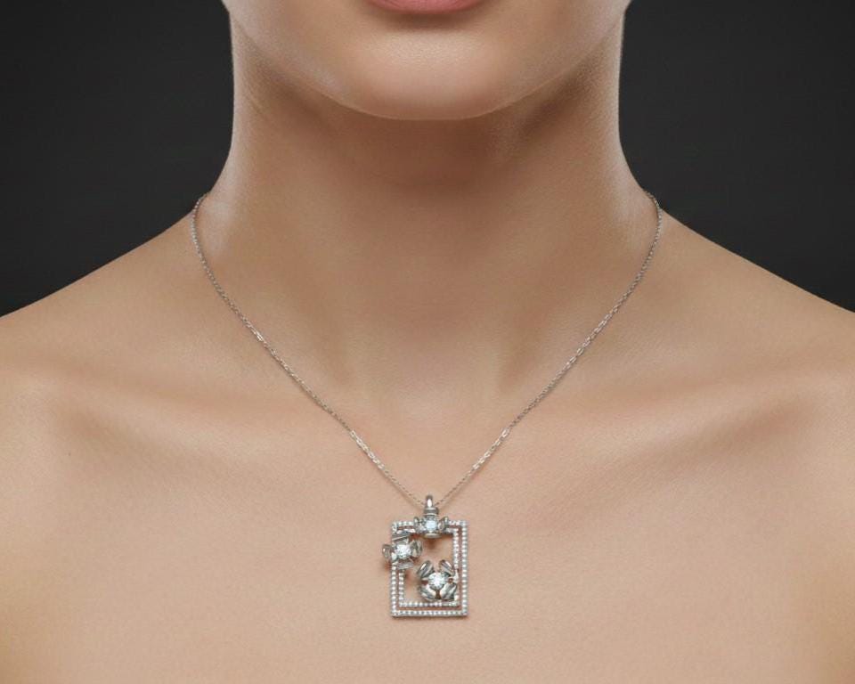 Floral Square Pendant Necklace – Gold Rose Silver, 22in Adjustable Chain, Hypoallergenic Gift for Her