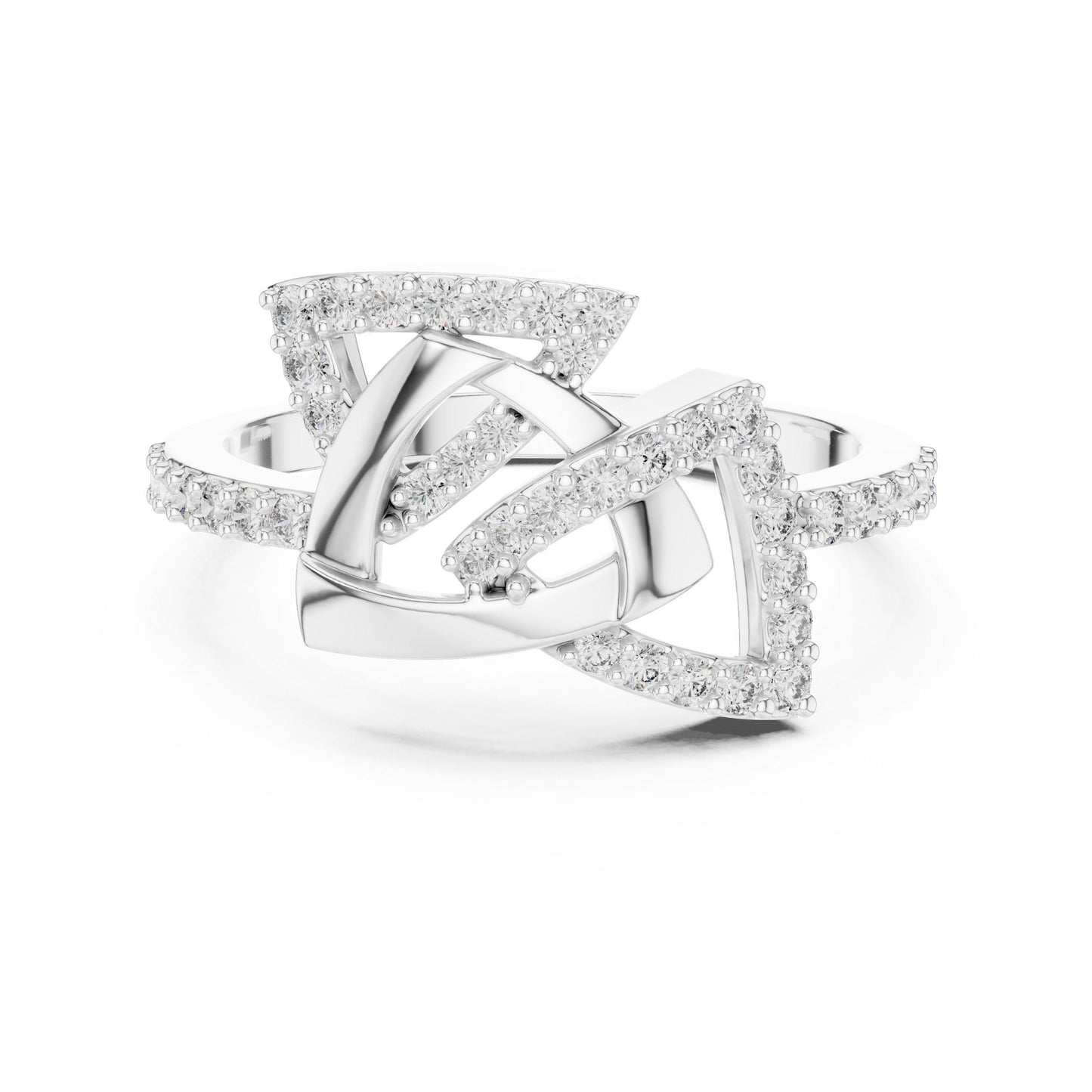 Riora geometric moissanite diamond statement ring in gold and rose gold with modern minimalist design and bold geometric shapes.