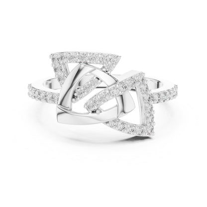 Riora geometric moissanite diamond statement ring in gold and rose gold with modern minimalist design and bold geometric shapes.