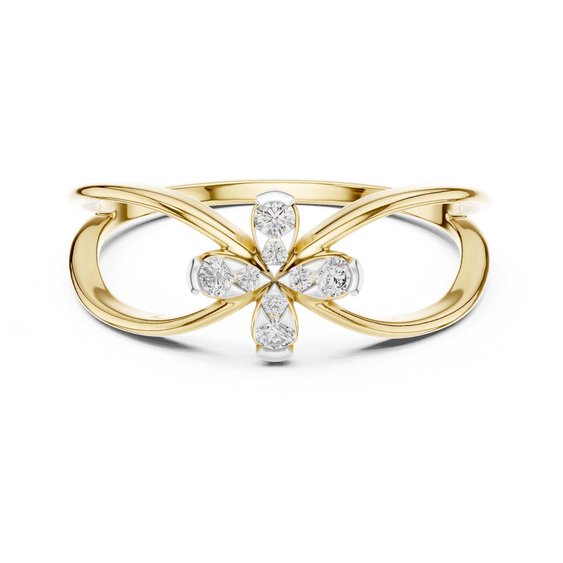 Riora moissanite flower ring with diamond-style floral design in rose gold, minimalist wedding and engagement band.