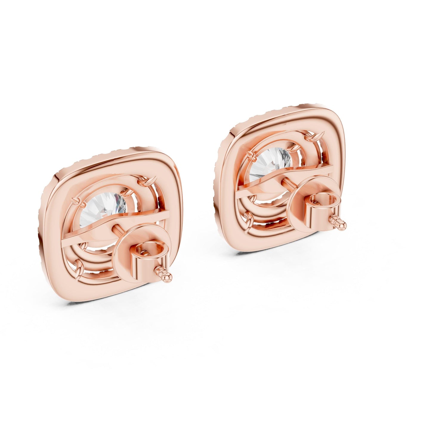 Rose gold Halo Moissanite diamond stud earrings by Riora, minimalist jewelry featuring round stones, perfect for her wedding or gift.