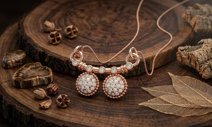Riora moissanite dangle necklace with double disc pendant in rose gold, minimalist bridal jewelry, elegant gift accessory