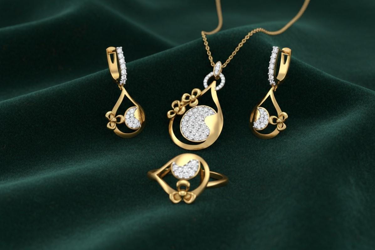 Moissanite Teardrop Jewelry Set for Women | Necklace, Earrings & Ring | Gold, Rose Gold & Silver | Bridal & Valentine Gift