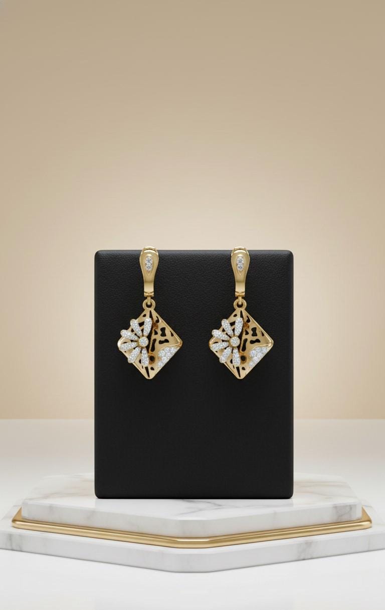 Moissanite Floral Drop Earrings | Hypoallergenic Geometric Dangle | Gold, Rose Gold, Silver