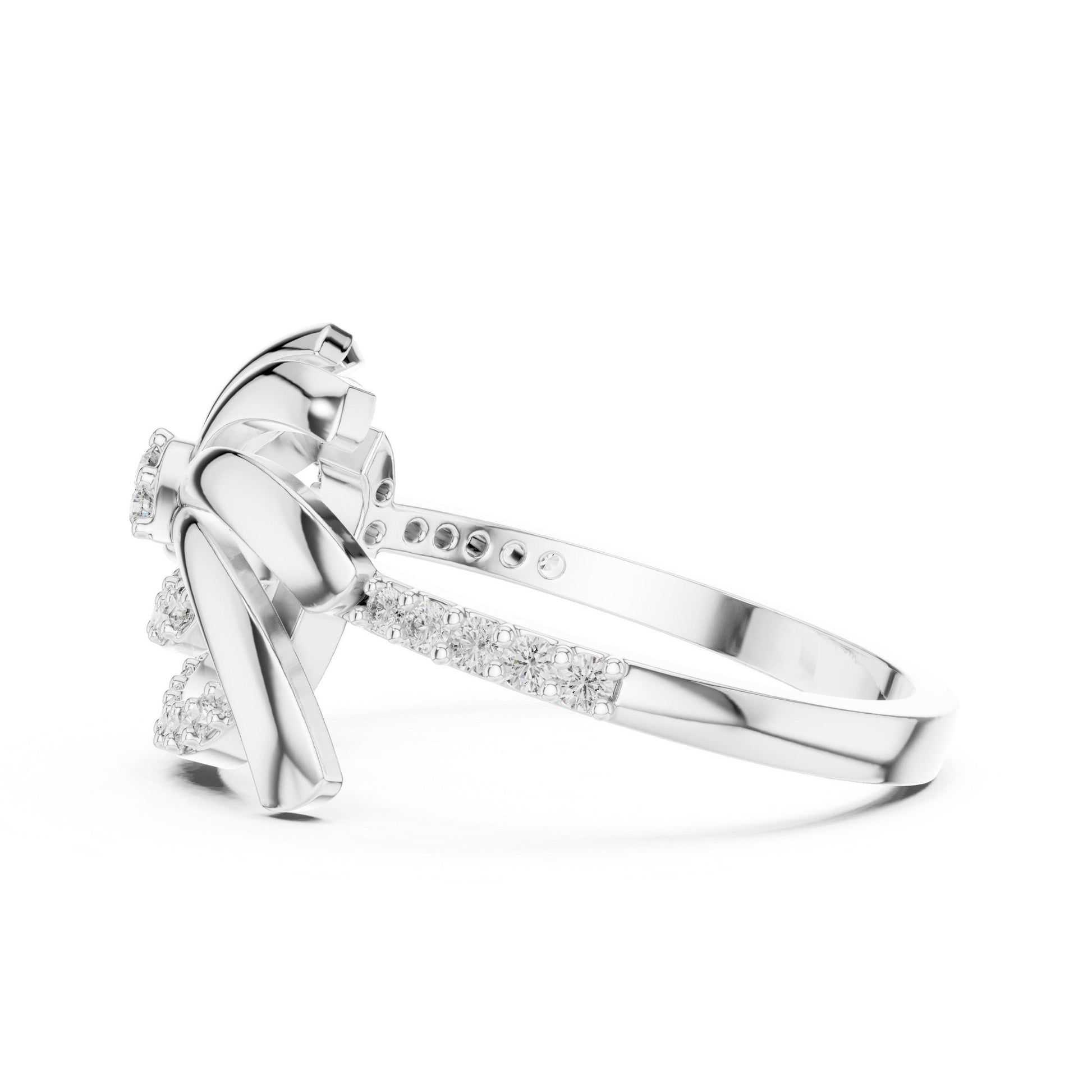 Rose gold floral swirl moissanite diamond engagement ring with vintage leaf design, crafted by Riora for women.