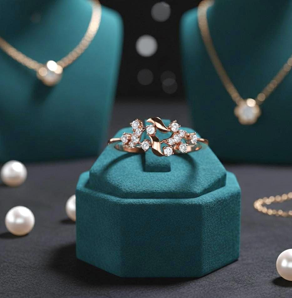 Rose gold floral vine moissanite diamond wedding band with leaf design, dainty engagement ring by Riora featuring sparkling gemstones.