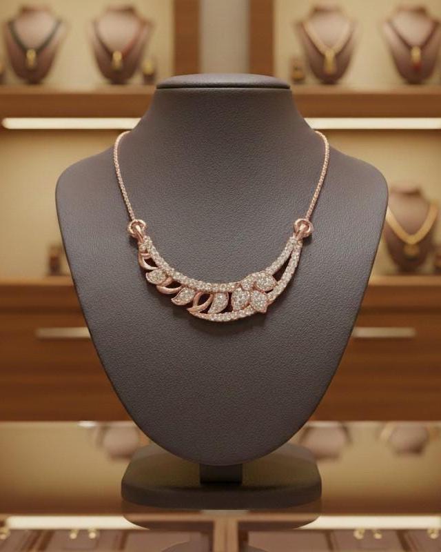 Rose gold moissanite leaf necklace by Riora featuring a minimalist wedding pendant for women, ideal for bridal jewelry.
