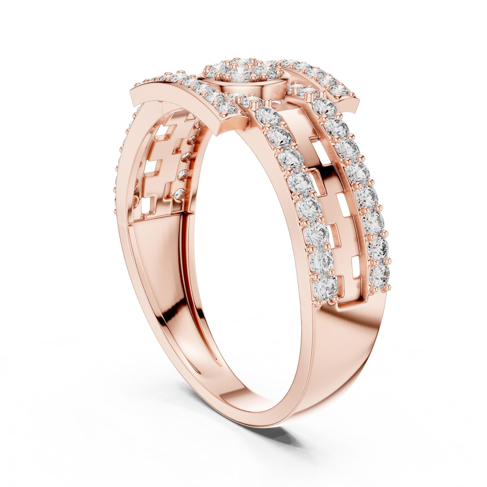 Riora luxury CZ halo band ring in rose silver with sparkling stones, hypoallergenic statement wedding and anniversary jewelry.