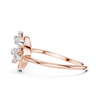 Riora Moissanite flower swirl engagement ring with floral design, vintage-inspired style, rose gold band and intricate detailing.