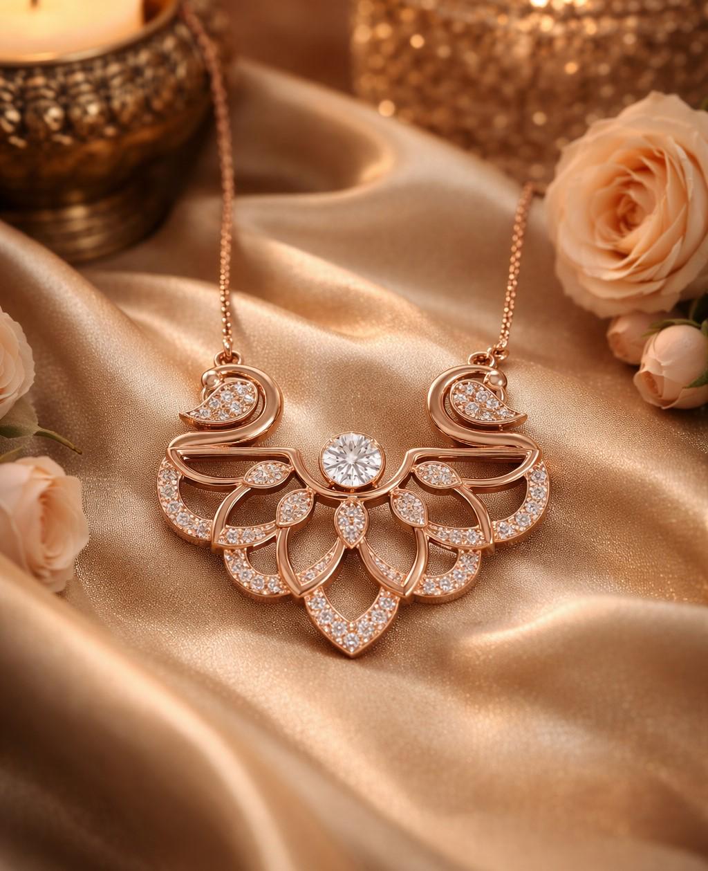 Elegant Swan Moissanite necklace by Riora featuring a rose gold pendant with sparkling gemstone on a delicate chain.