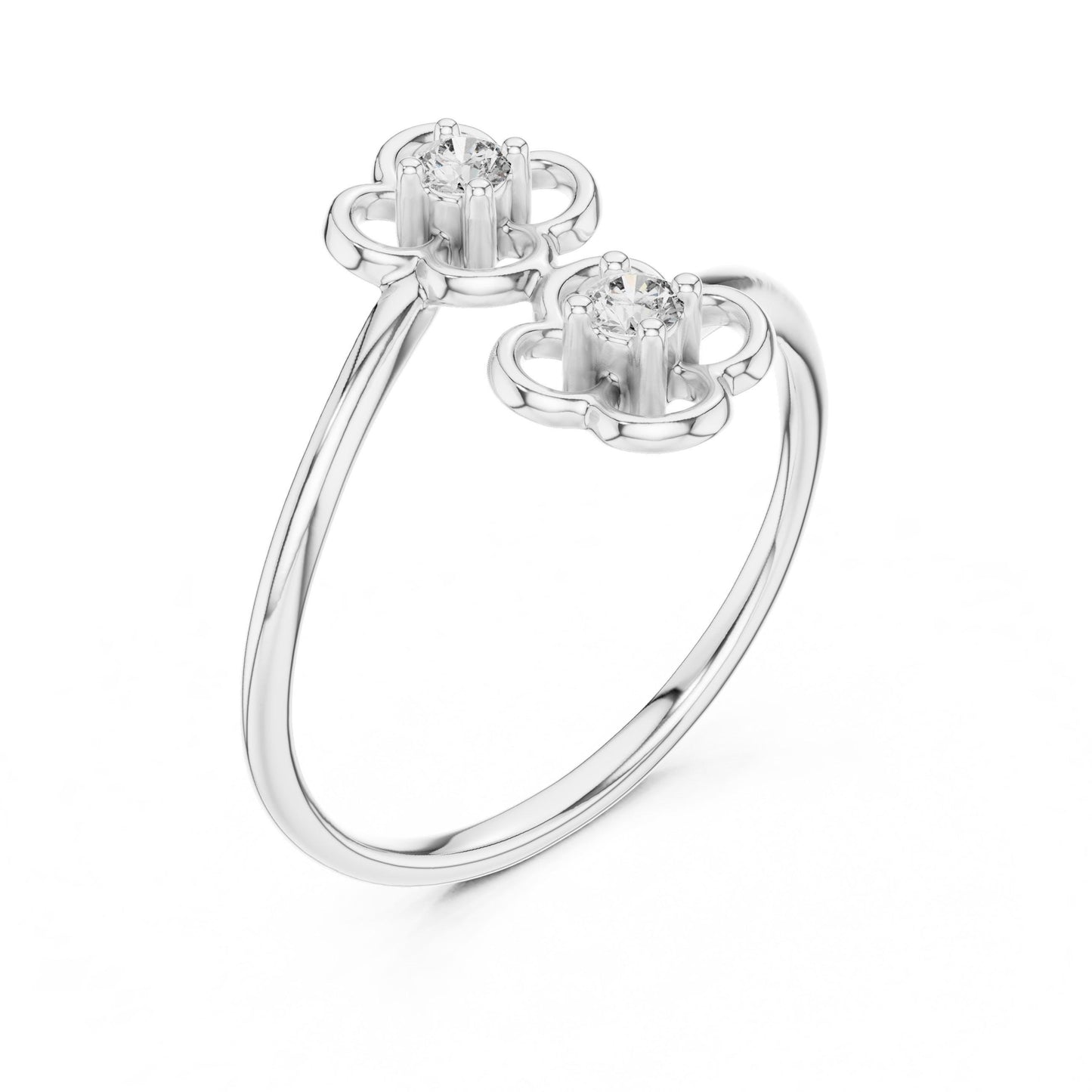 Riora rose gold moissanite double flower ring with open floral design, minimalist stackable band featuring diamond accents.