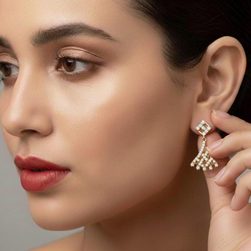 Moissanite Fan Drop Stud Earrings | Hypoallergenic Vintage Dangle | Gold, Rose Gold, Silver