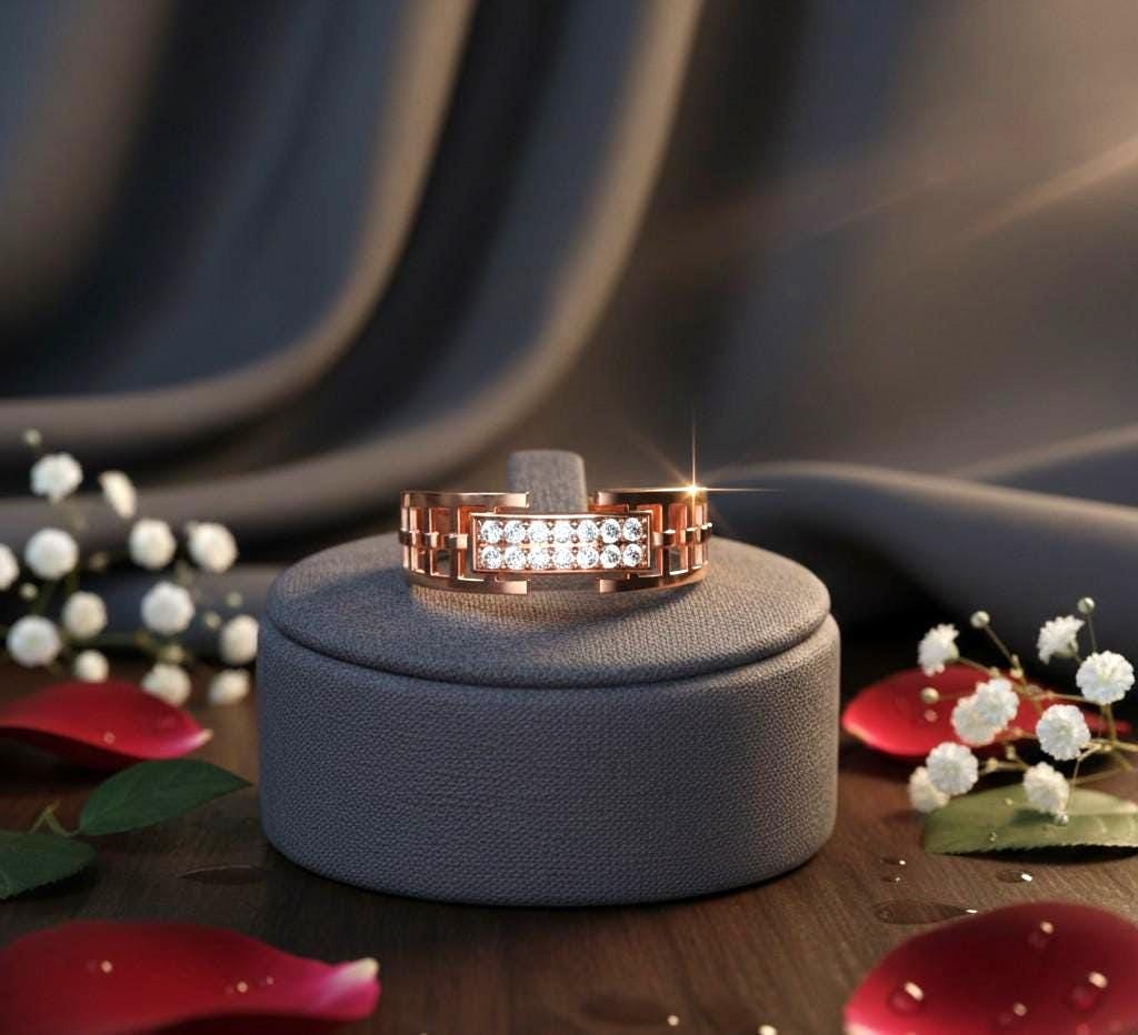Riora wide CZ link band ring in gold rose silver with statement design, hypoallergenic jewelry for women’s wedding and promise occasions.