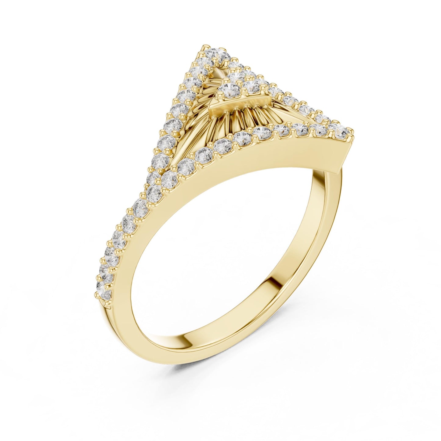 Riora geometric triangle moissanite diamond gold statement ring with minimalist modern design, perfect for anniversary jewelry.