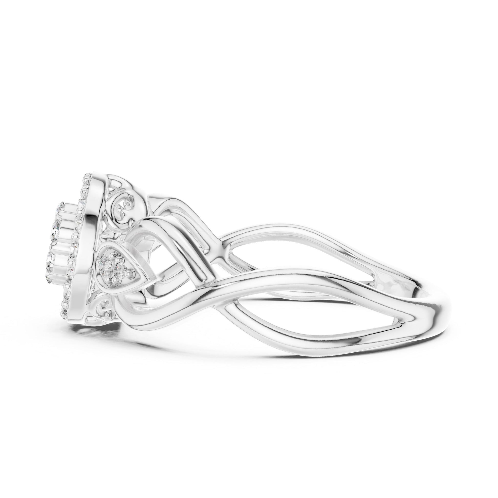 Riora Halo CZ engagement ring with floral cluster design and silver band, statement jewelry for women.