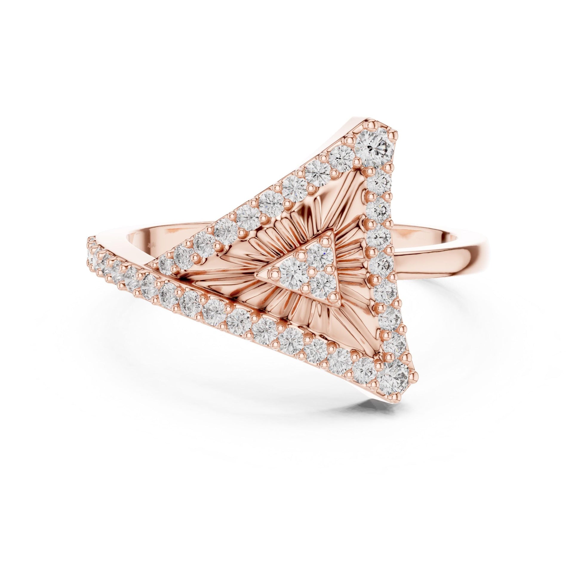 Riora geometric triangle moissanite diamond gold ring with minimalist modern design on a jewelry display.