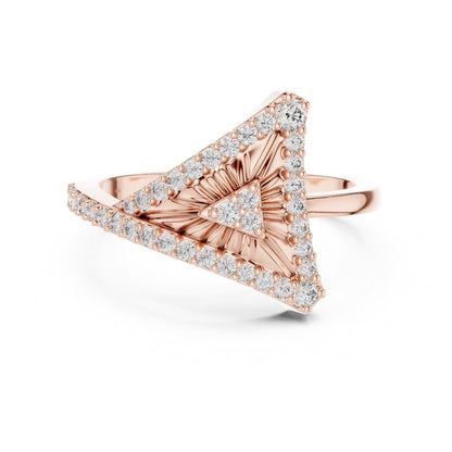 Riora geometric triangle moissanite diamond gold ring with minimalist modern design on a jewelry display.
