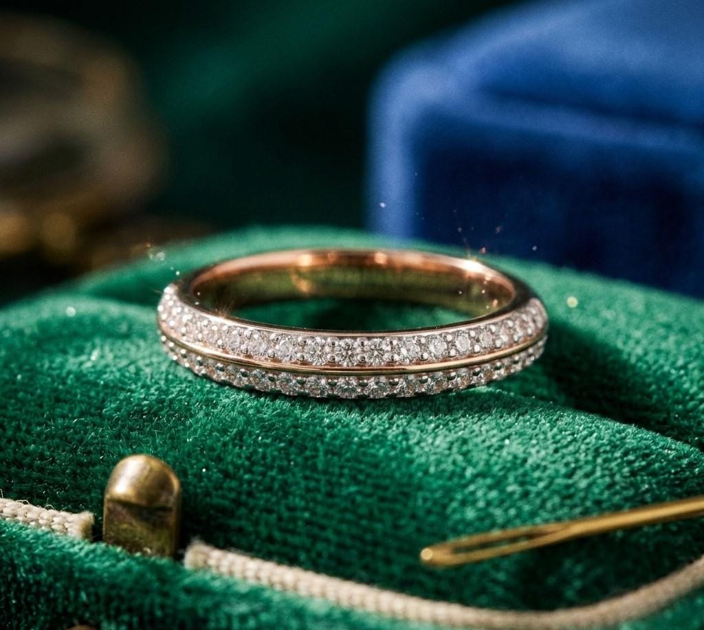 Riora moissanite diamond eternity ring with pave setting, full eternity band, ideal for wedding or anniversary jewelry.