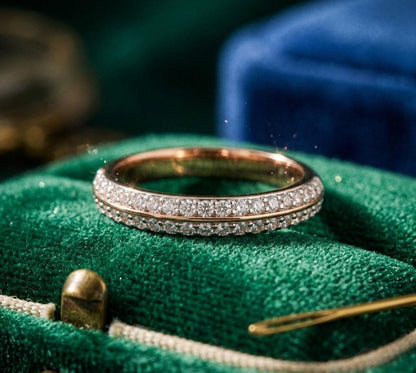 Riora moissanite diamond eternity ring with pave setting, full eternity band, ideal for wedding or anniversary jewelry.