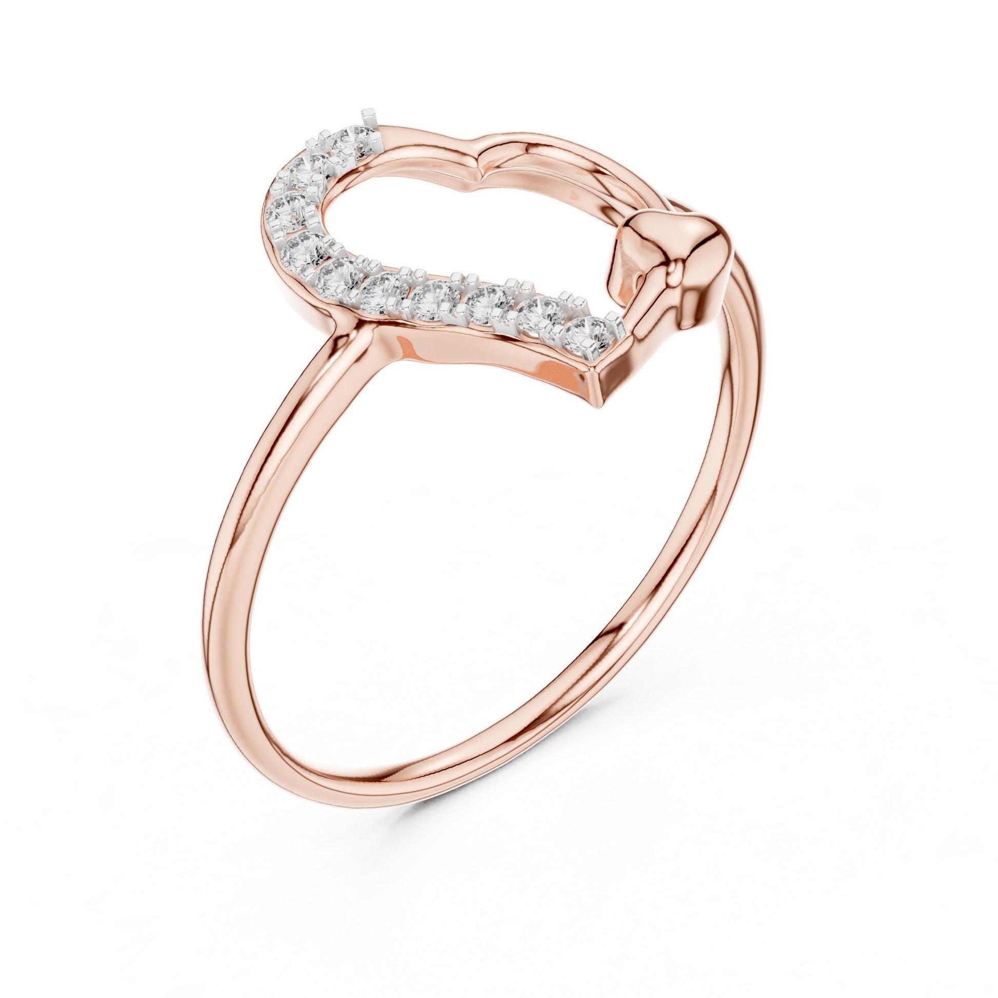 Riora Moissanite heart ring with open band in rose gold and silver, minimalist romantic jewelry for women displayed on a white background.