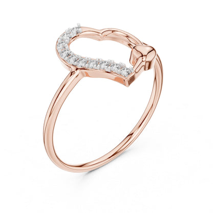 Riora Moissanite heart ring with open band in rose gold and silver, minimalist romantic jewelry for women displayed on a white background.