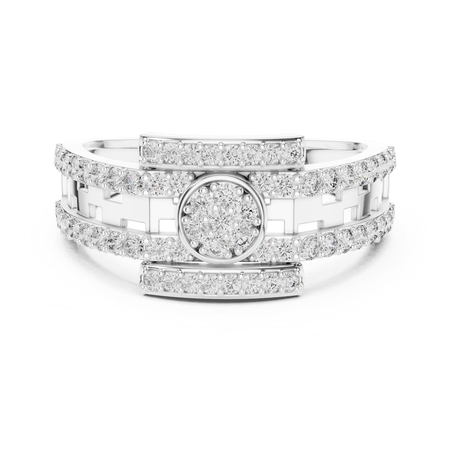 Riora luxury CZ halo band ring in rose silver, hypoallergenic statement wedding and anniversary ring with sparkling center stones.