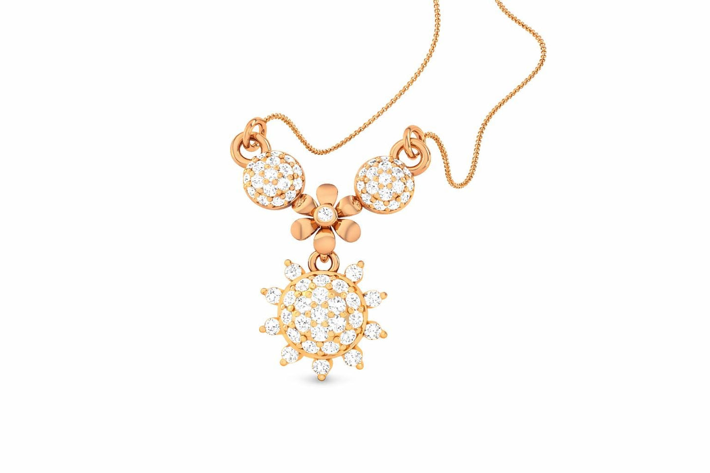 Riora moissanite floral sunburst necklace in gold, rose gold, and silver with dainty bridal jewelry pendant for women