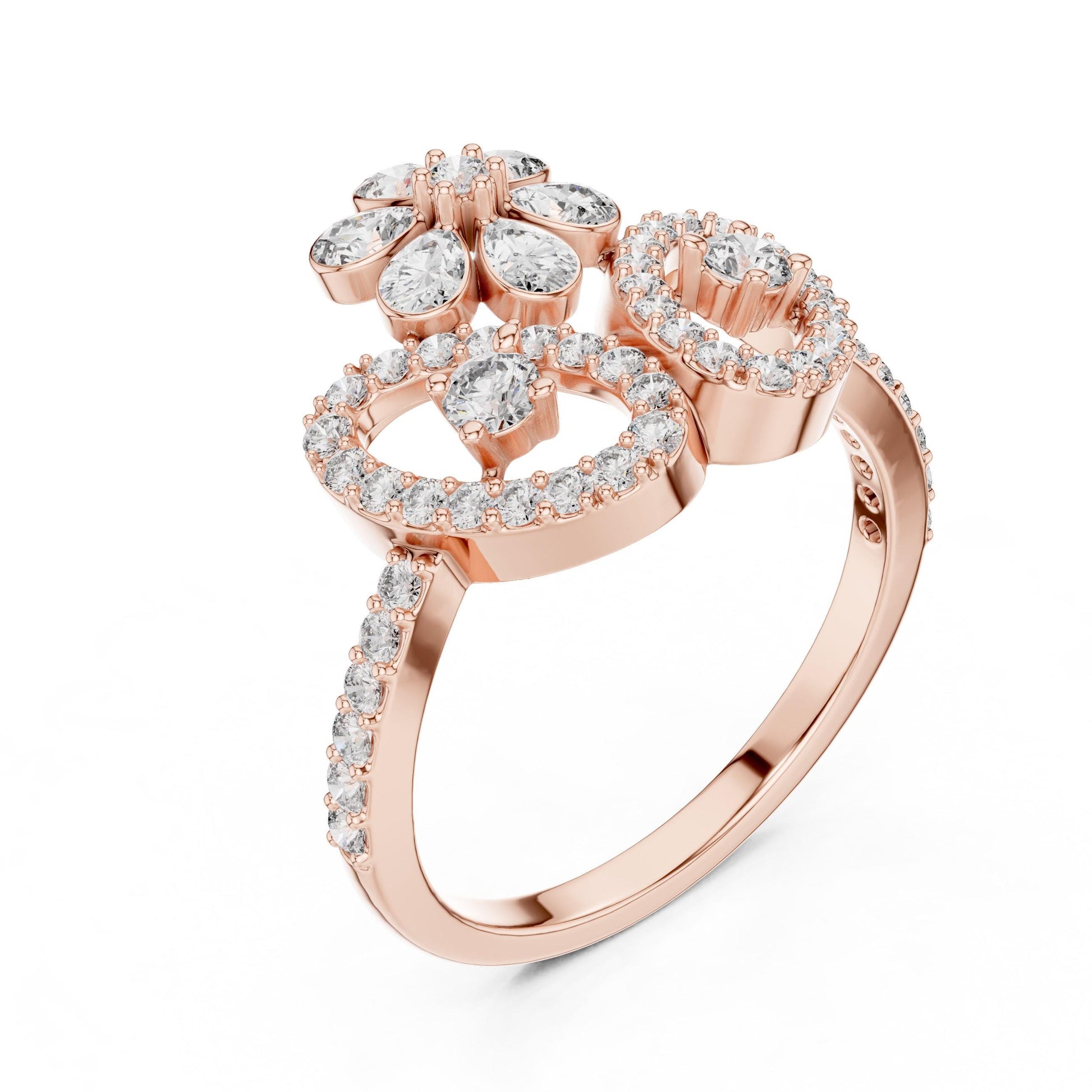 Riora floral halo moissanite diamond crown ring in gold and silver, vintage-inspired bridal engagement promise band with intricate floral design.