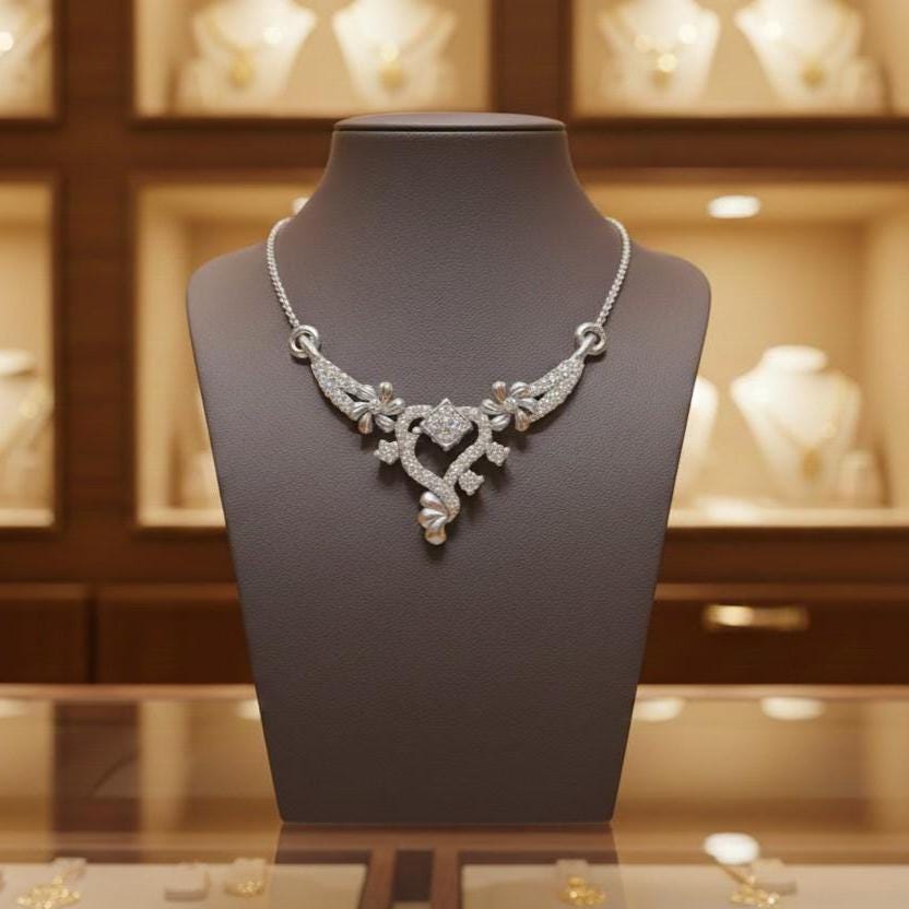 Moissanite Floral Pendant Necklace, Gold Rose Silver Adjustable Chain, Elegant Wedding Jewelry