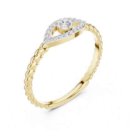 Rose gold evil eye moissanite ring with a dainty band, minimalist eye jewelry, perfect for stacking or everyday wear.