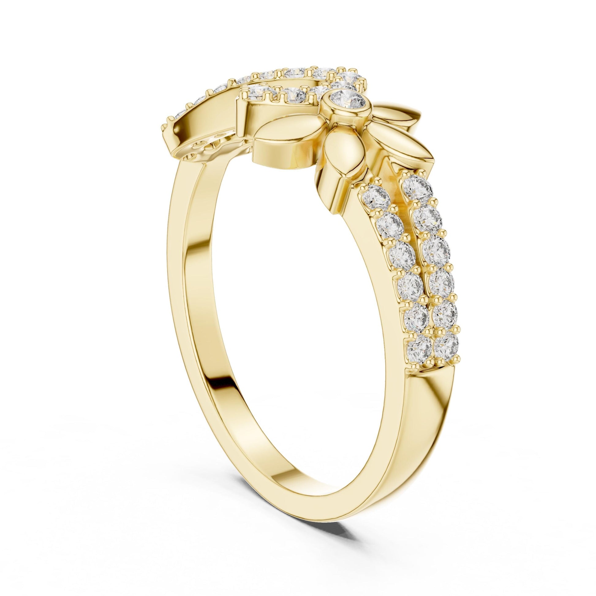 Riora elegant gold infinity flower ring with moissanite diamonds, minimalist floral design, suitable for engagement or gifting.