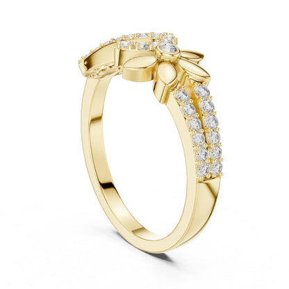 Riora elegant gold infinity flower ring with moissanite diamonds, minimalist floral design, suitable for engagement or gifting.