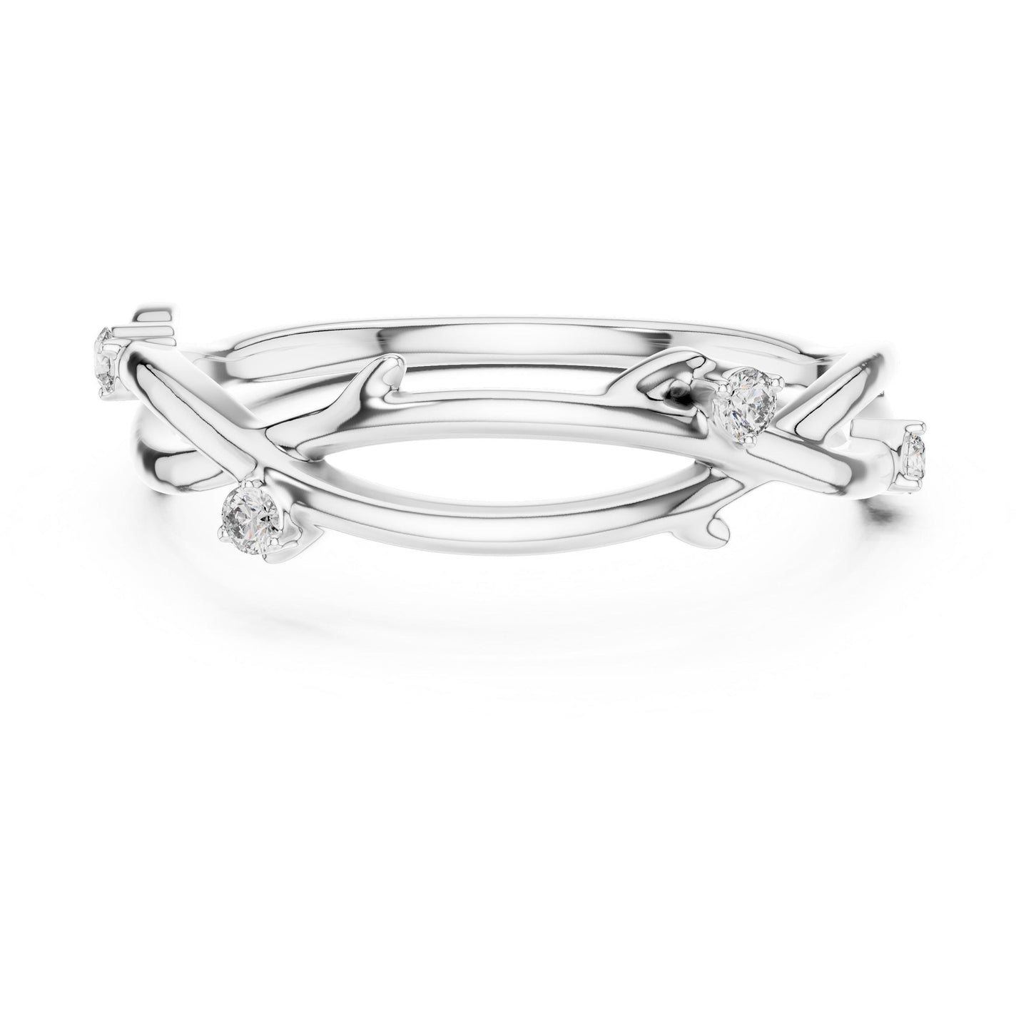 Rose gold moissanite branch ring with a nature-inspired twig design and minimalist diamond look from Riora.