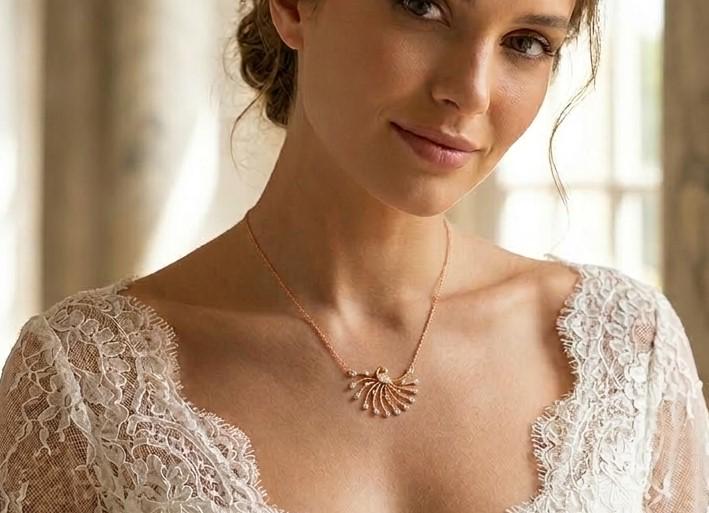 Rose gold moissanite peacock necklace with intricate pendant, elegant bridal jewelry for weddings and special occasions.