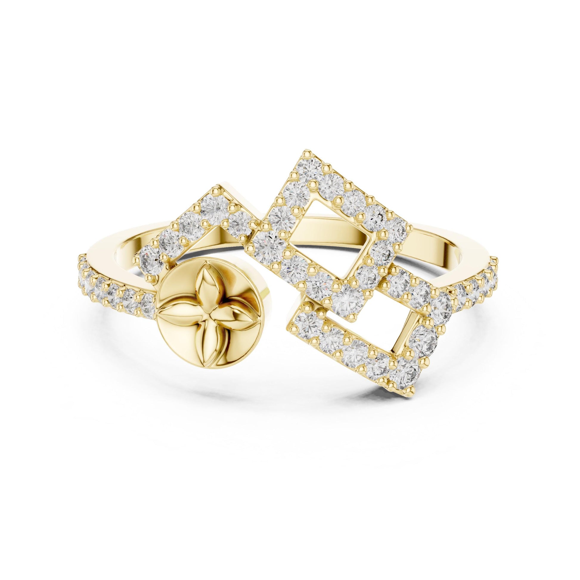 Gold geometric moissanite diamond statement ring by Riora featuring modern minimalist design and intricate, dainty luxury jewelry details.