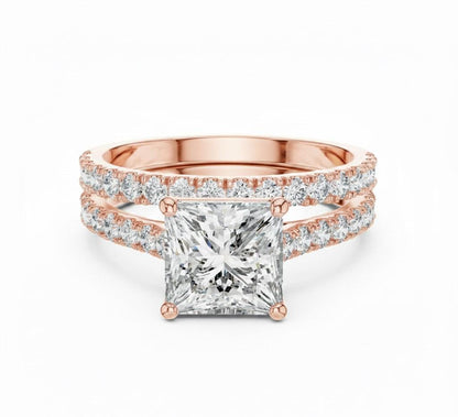 Riora princess cut moissanite diamond engagement ring set with halo and matching wedding promise band on a white background.