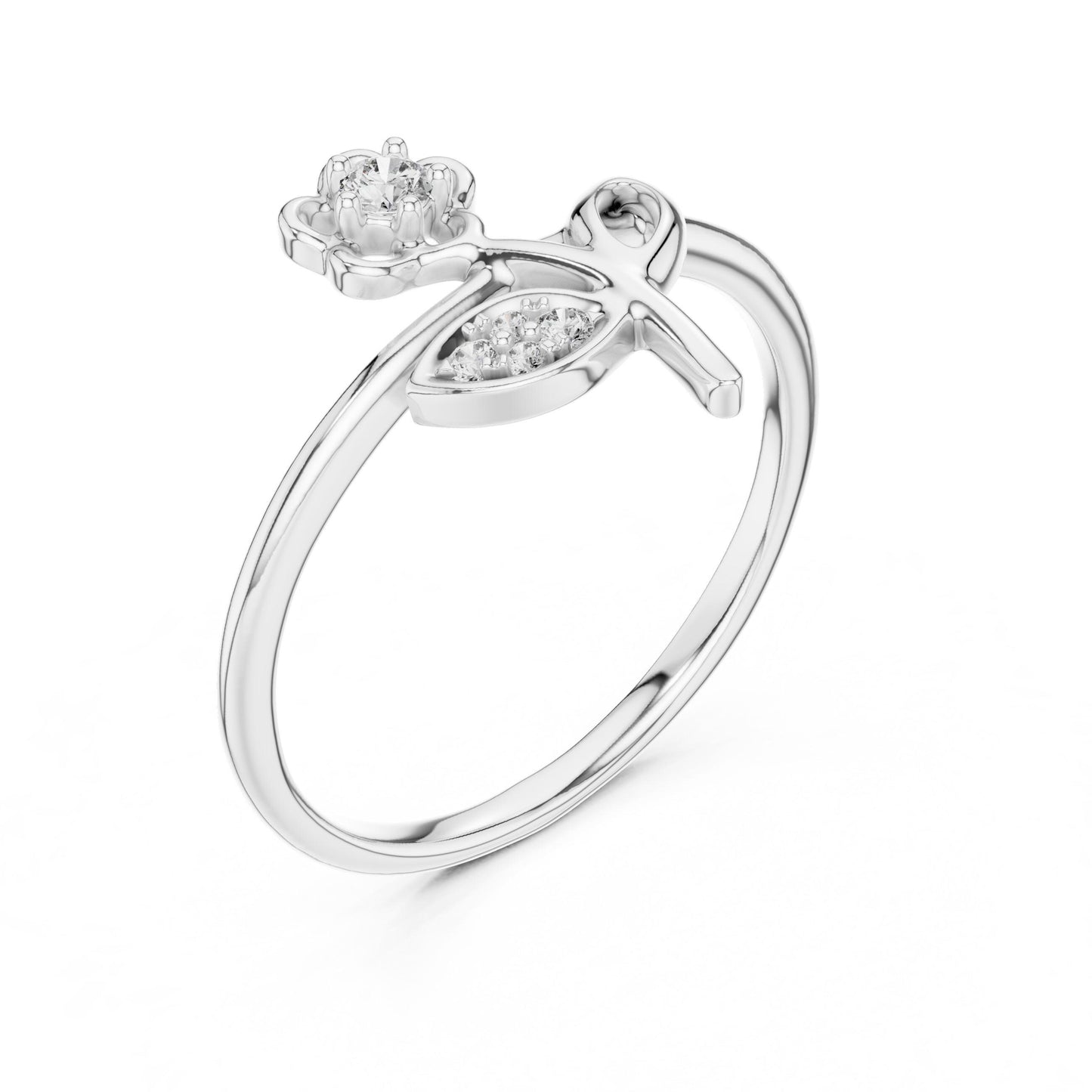 Riora moissanite flower ring with floral design, rose gold band, minimalist botanical style, perfect as a nature-inspired engagement or promise ring.