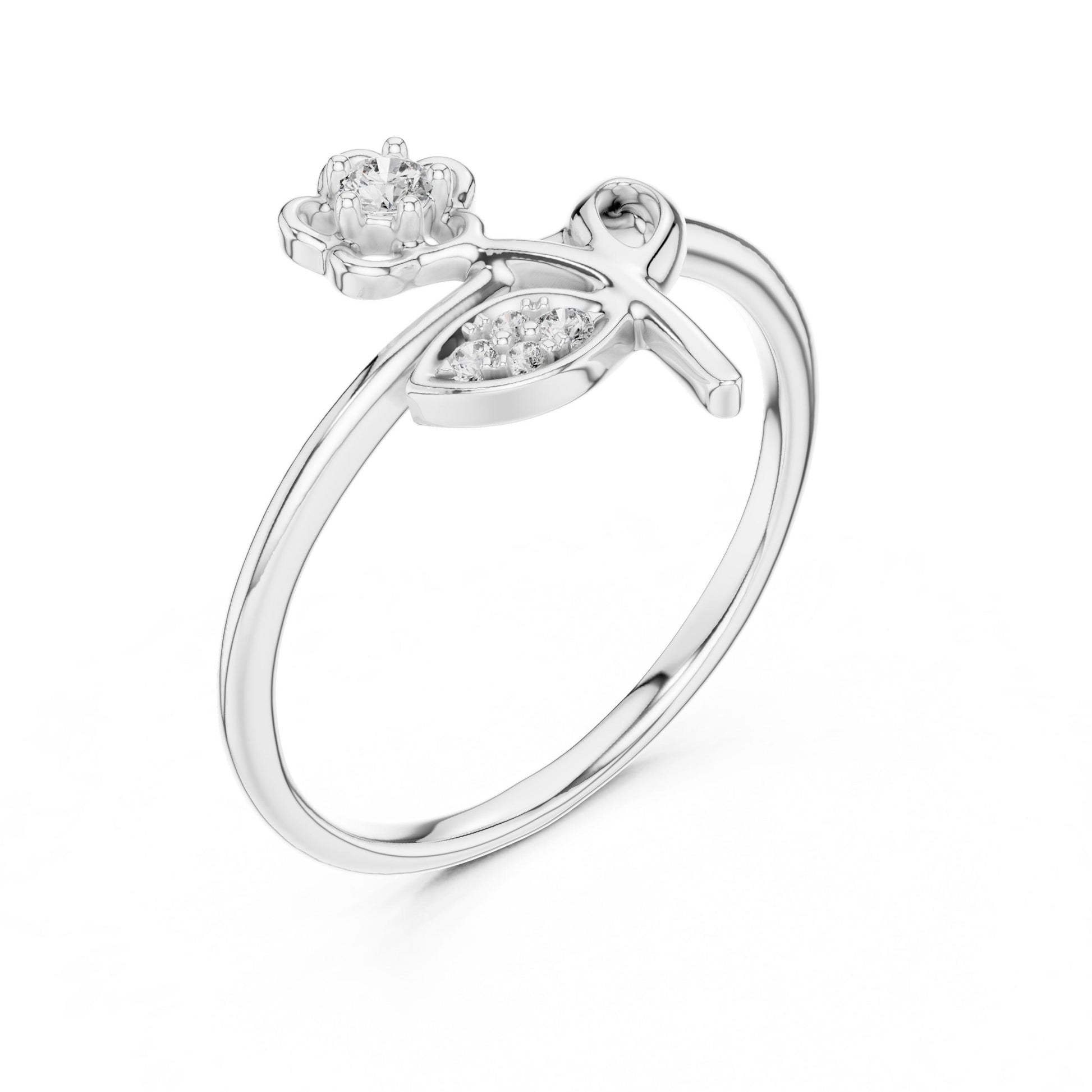 Riora moissanite flower ring with floral design, rose gold band, minimalist botanical style, perfect as a nature-inspired engagement or promise ring.