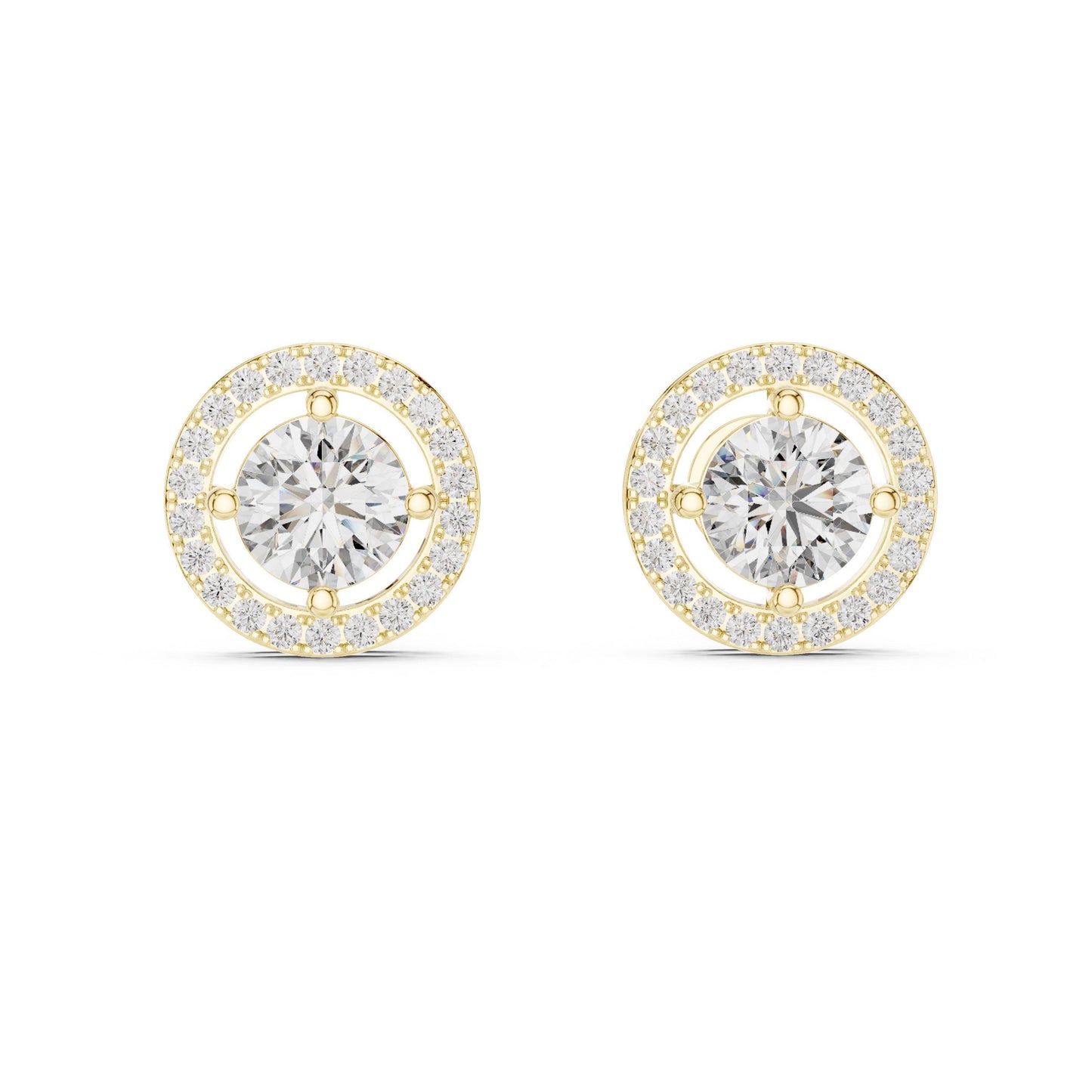 Riora 6.5mm moissanite diamond halo stud earrings in gold and rose gold, perfect for bridal or wedding jewelry.
