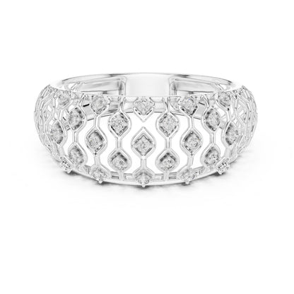 Riora moissanite wide rose gold wedding band with diamond-look lattice design, luxurious bridal anniversary jewelry.