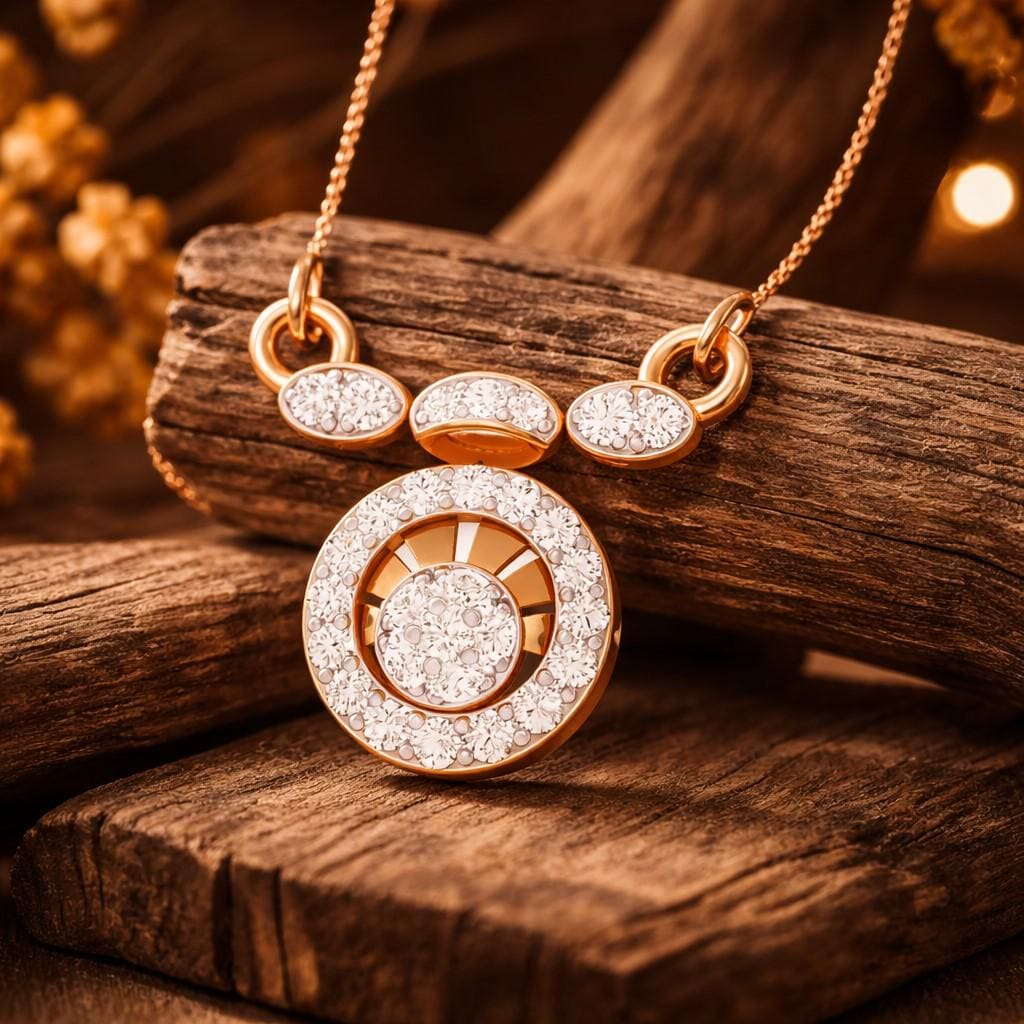 Riora moissanite halo pendant necklace with rose gold, gold, and silver options, featuring a circular design on an adjustable chain.