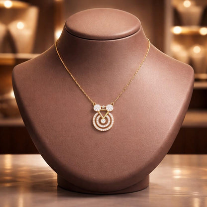 Dainty moissanite geometric pendant necklace in gold, rose gold, or silver with a minimalist circle charm, bridal jewelry by Riora