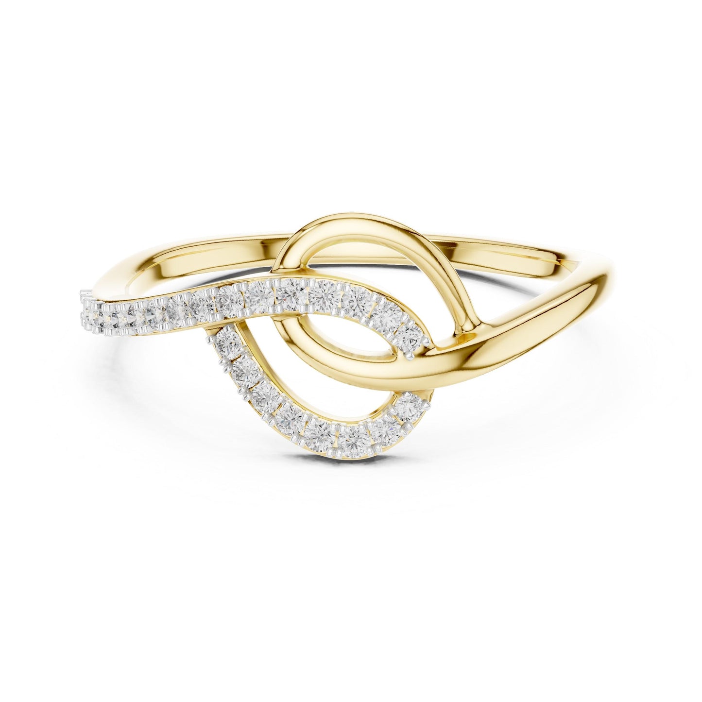 Riora Infinity Moissanite ring with twisted knot design in rose gold and silver, romantic engagement or gift band.
