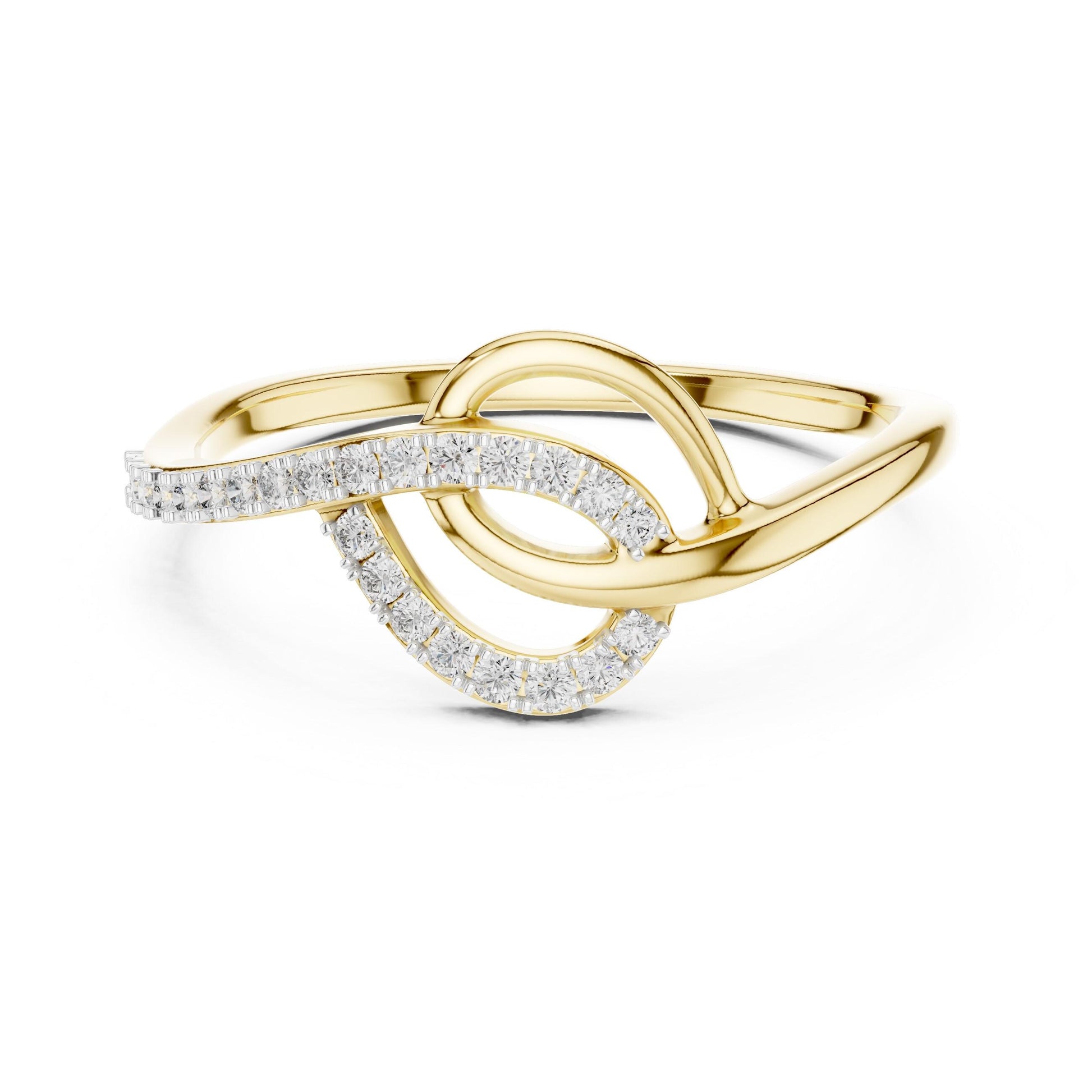 Riora Infinity Moissanite ring with twisted knot design in rose gold and silver, romantic engagement or gift band.