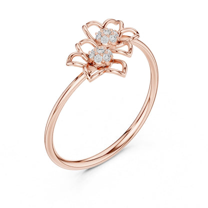Riora double flower moissanite diamond ring in rose silver with floral vintage design, bridal promise band, bridal gift.