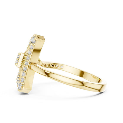 Riora geometric triangle moissanite diamond gold statement ring with minimalist modern design on a white background.