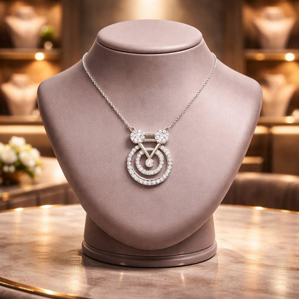 Riora moissanite geometric pendant necklace with gold, rose gold, or silver finish featuring a minimalist circle charm.