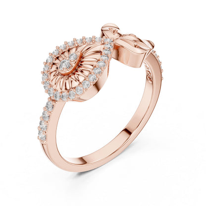 Vintage Riora eye bow ring with moissanite and diamond accents, featuring an evil band design for minimal women’s jewelry.
