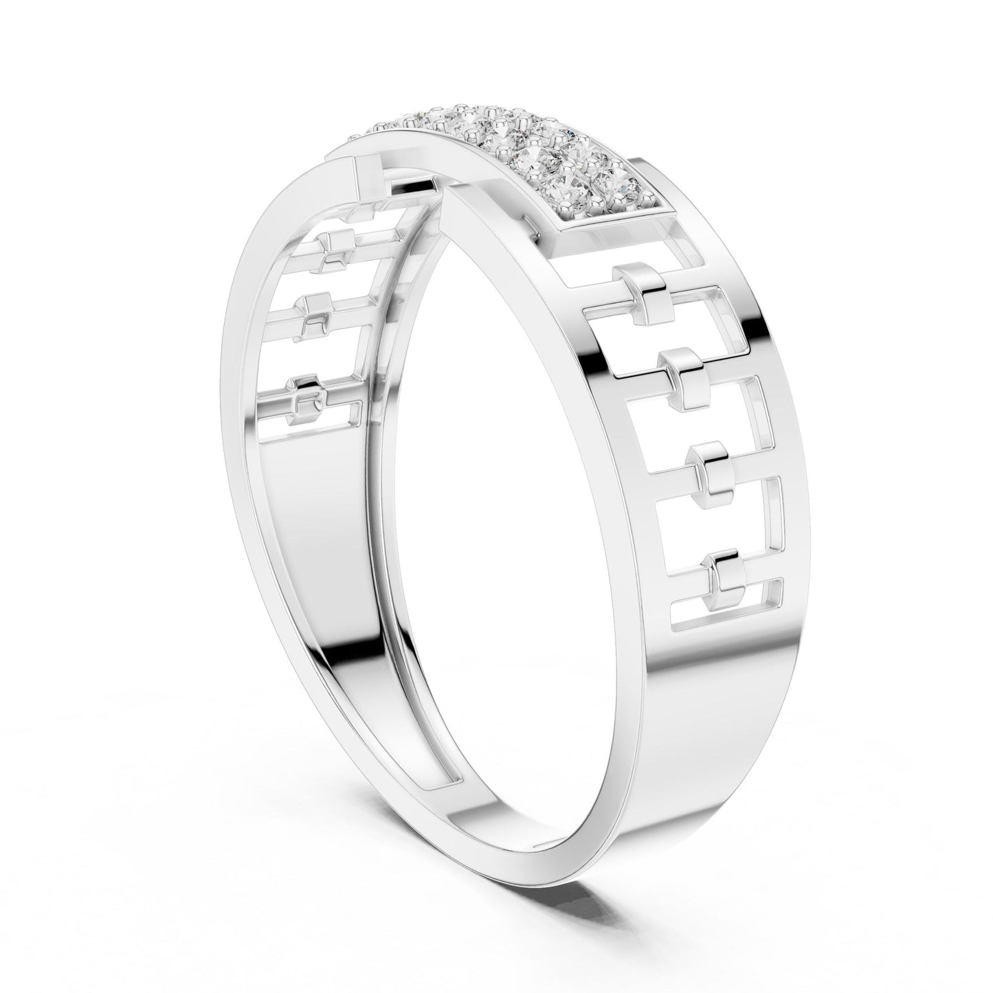 Riora wide CZ link band ring in gold, rose, and silver with hypoallergenic design, featuring statement jewelry for women.