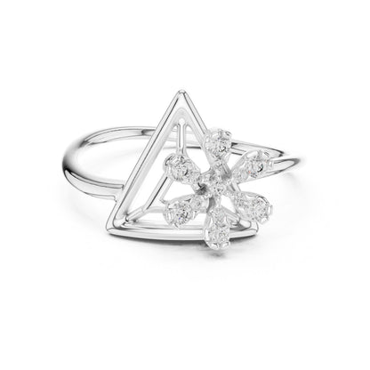 Riora moissanite flower triangle ring with geometric floral design, gold rose gold band, minimalist engagement ring style.